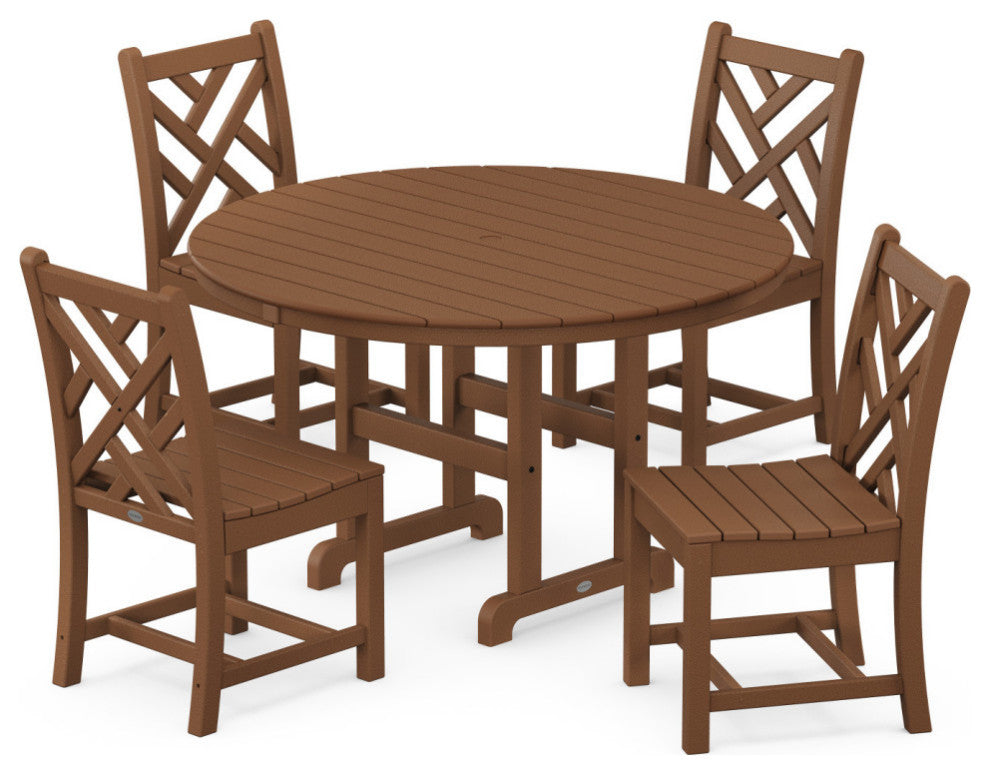 Chippendale 5-Piece Round Farmhouse Side Chair Dining Set, Teak