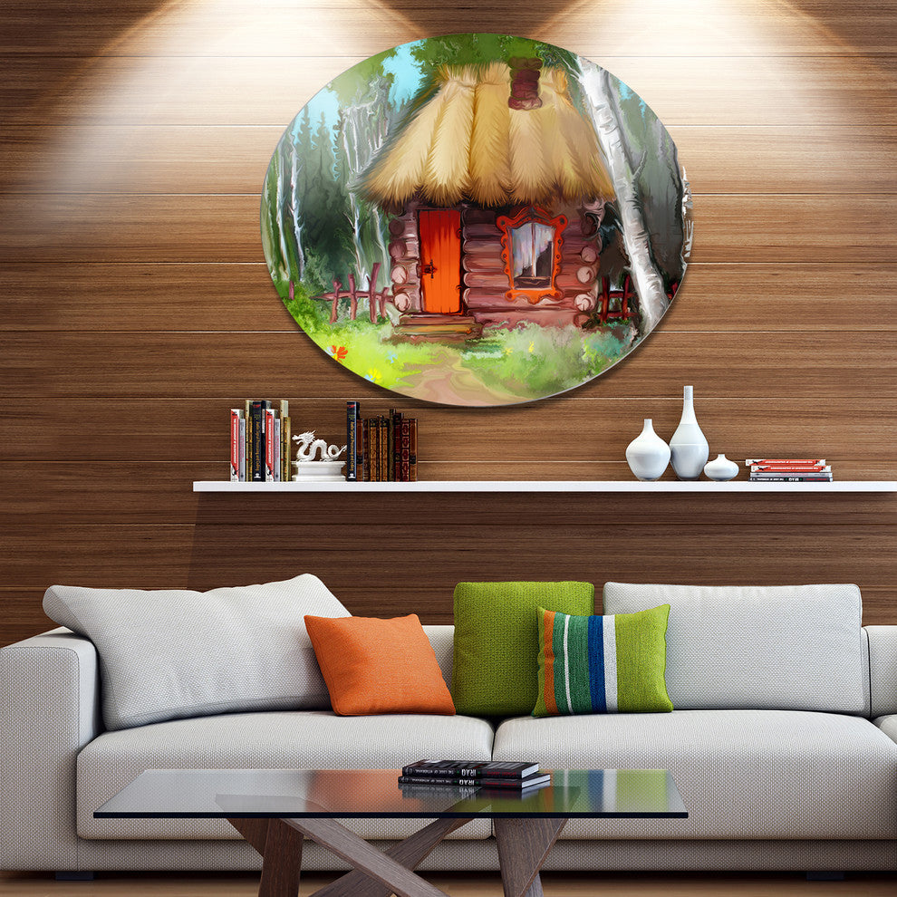 Rural Landscape With House, Landscape Art Round Metal Wall Art, 11"