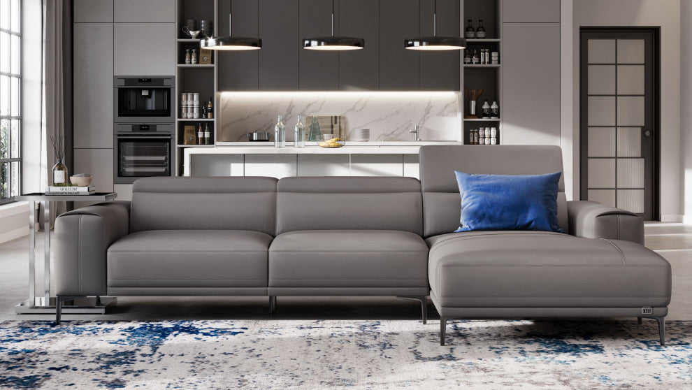 Rousso Slate Leather Sectional With Ratcheting Headrests, Right Chaise