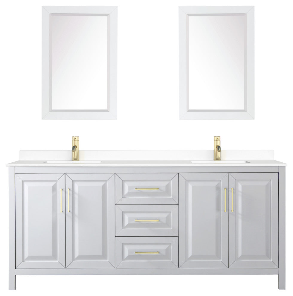 80"DBL Vanity White, White Cult. Marble Countertop, Sinks, 24"Mirrors, Gold Trim