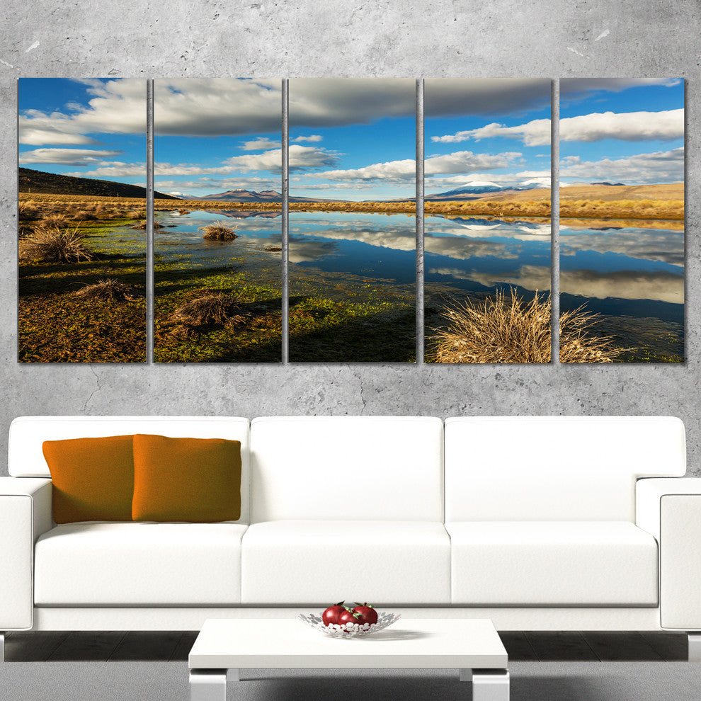 Clouds Reflecting in Mountain Lake, Landscape Canvas Art, 60"x28", 5 Panels
