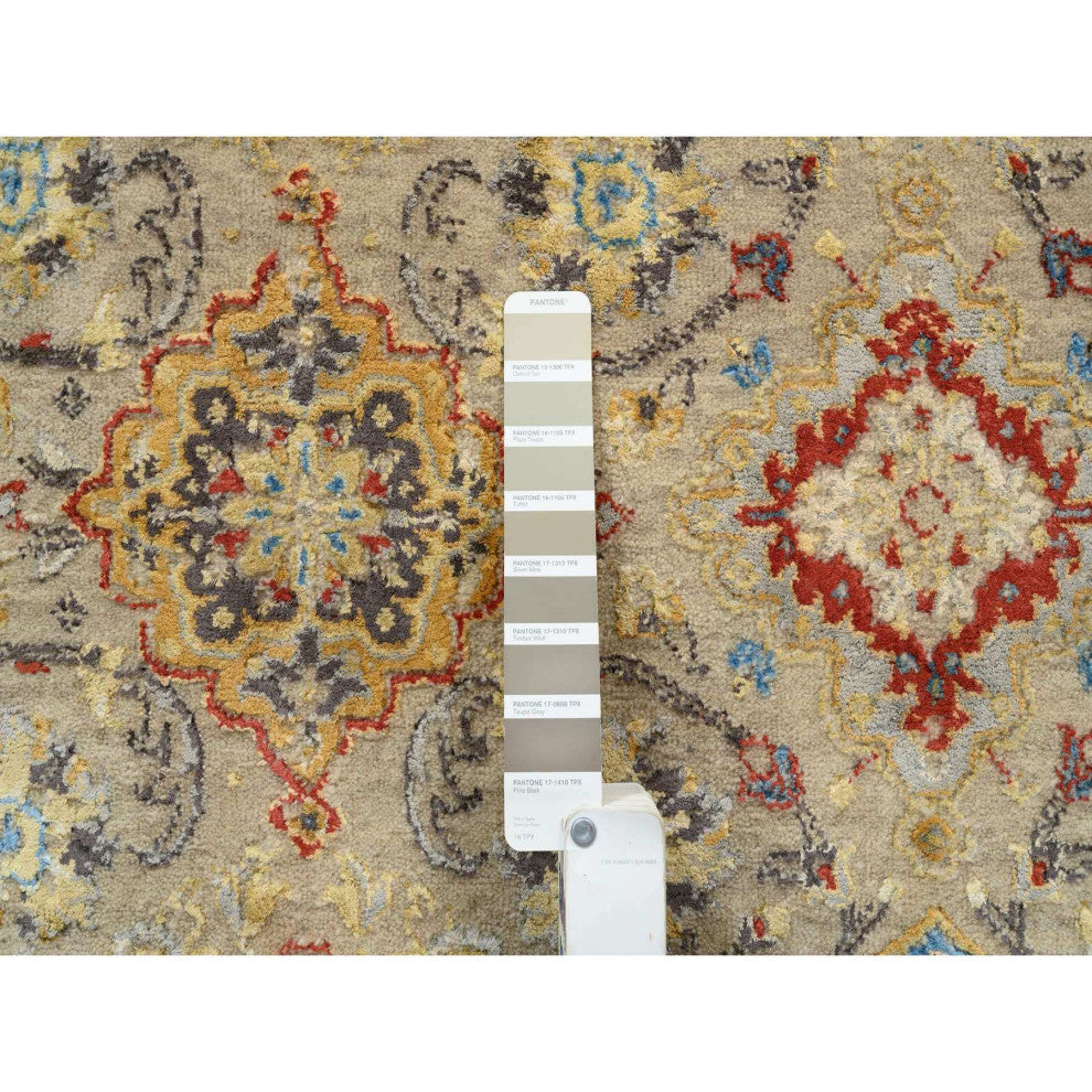 Beige, Wool and Pure Silk, Hand Knotted, Oriental, Round, Rug, 8'9" x 8'9"