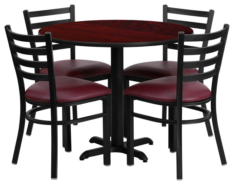 Dyersburg 5pcs Table Set Round 36" Mahogany Laminate X-Base, Burgundy Chair