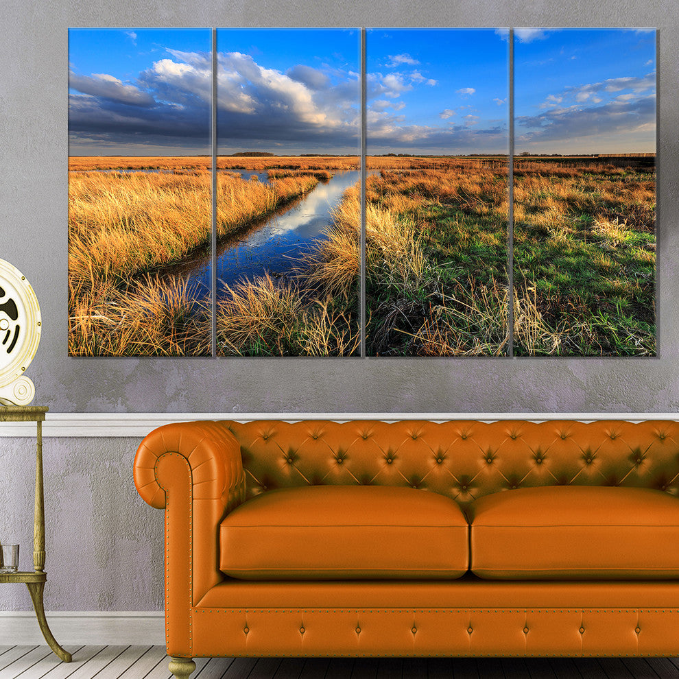 Beautiful Meadow with Blue Sky, Landscape Canvas Art Print, 48"x28", 4 Panels
