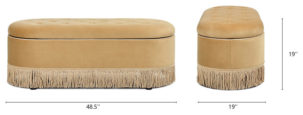 Melinda 48.5" Bullion Fringe Oval Storage Bench, Gold