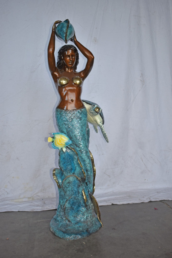 Mermaid Holding a Shell Fountain W Turtle Bronze Statue - Size: 32" x 19" x 60
