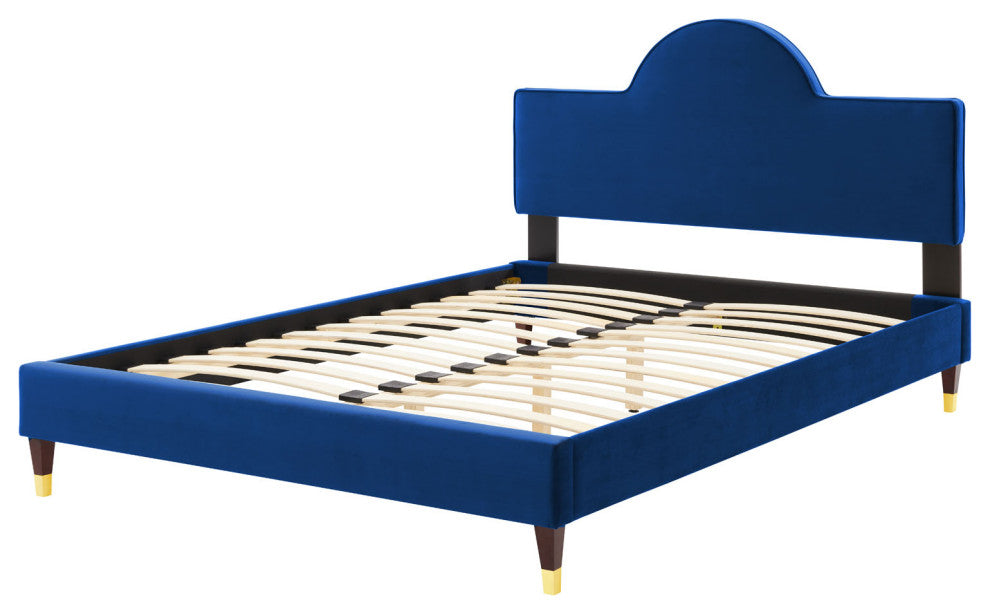 Platform Bed Frame, King Size, Blue Navy, Velvet, Modern, Bedroom Guest Suite