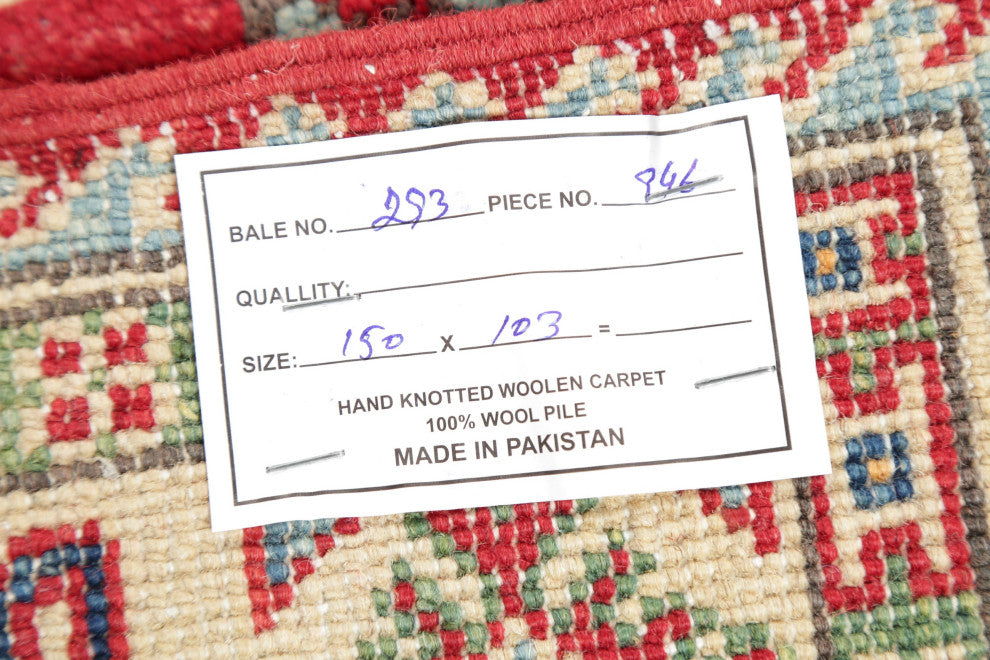 Kazak Oriental Traditional Hand Made Pakistani Area Rug, Red, 4'11"x3'5