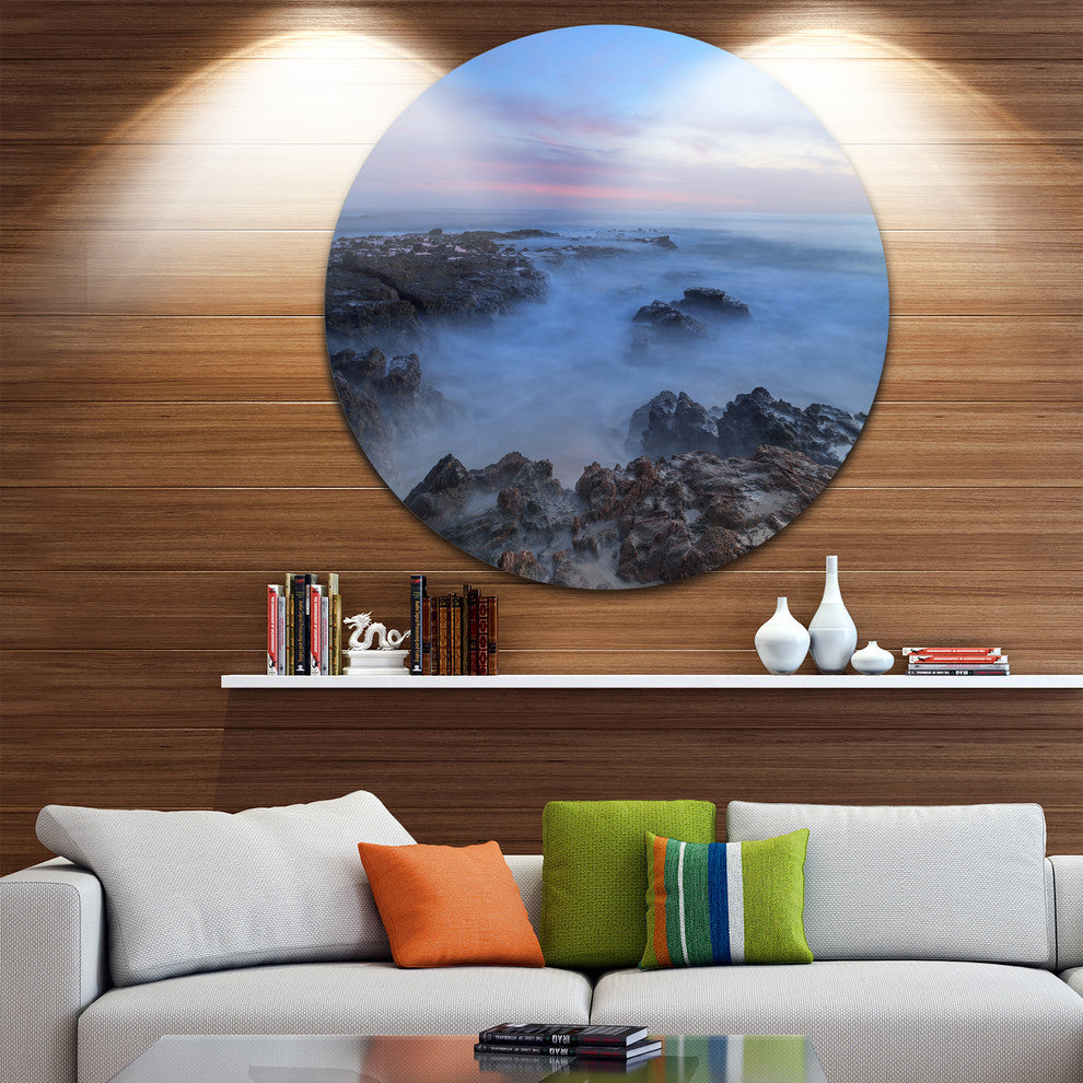 Long Exposure At Sunset Over Rocks, Beach Disc Metal Wall Art, 23"