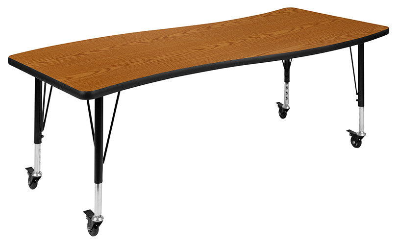 3 Mobile Piece 86" Oval Wave Activity Table Set - Standard Height Adj Legs, Oak