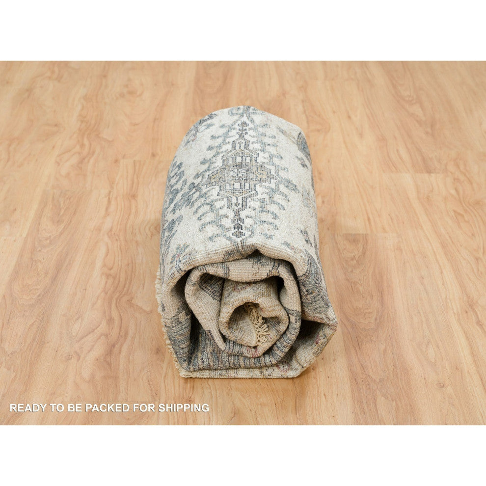 Alabaster Ivory Wool Reimagined Viss Design Hand Knotted Round Rug, 8'x8'