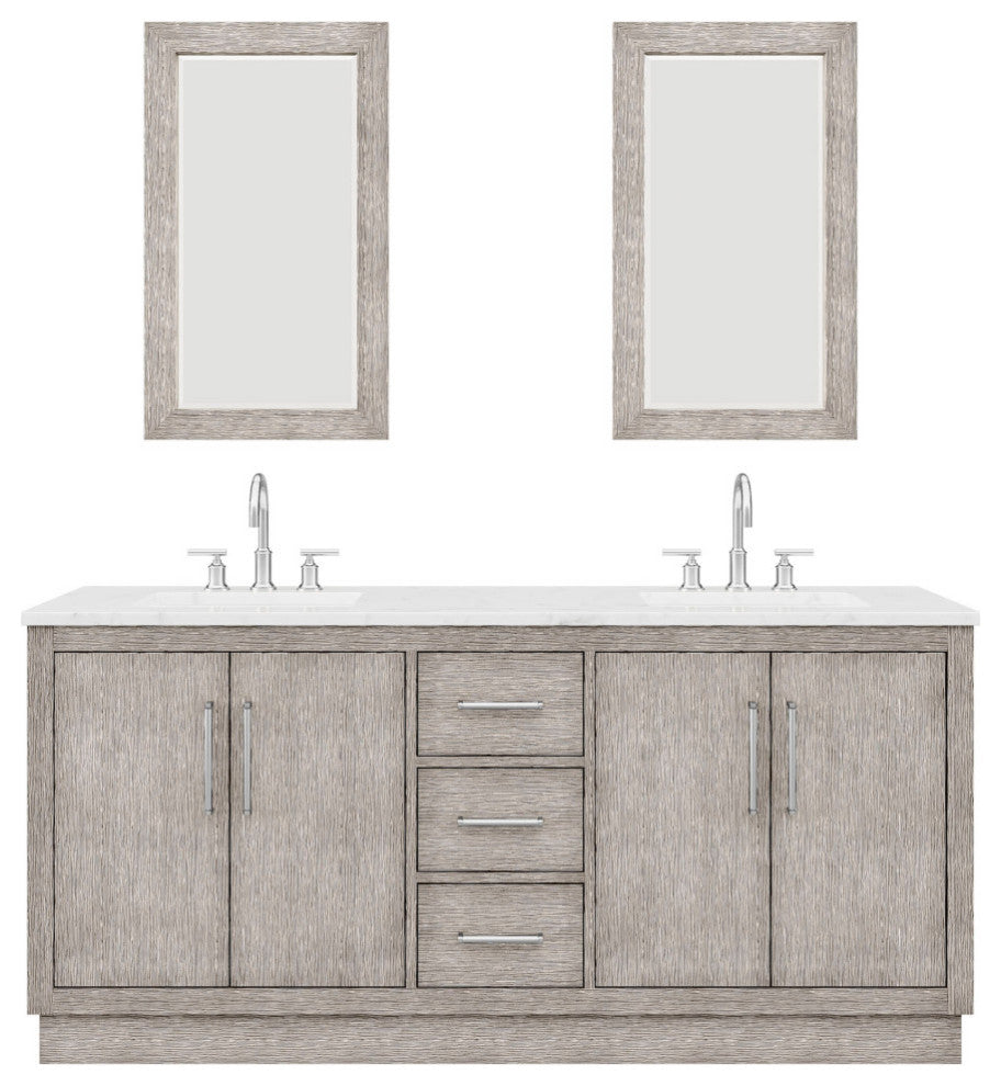 72 Double Sink White Marble Vanity, Gray Oak With Gooseneck Faucets and Mirrors