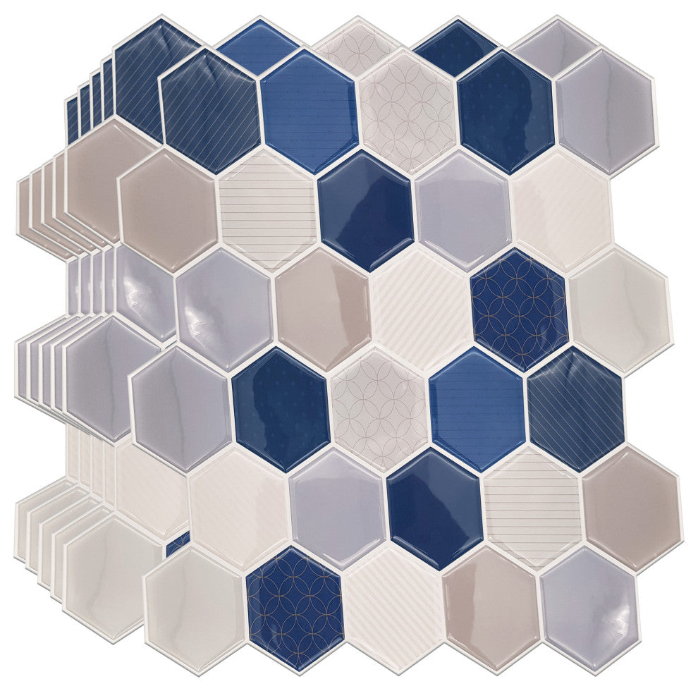 12"x6" Honey Hexa Blue and Cream Glossy 3D Tile Stickers, Set of 12