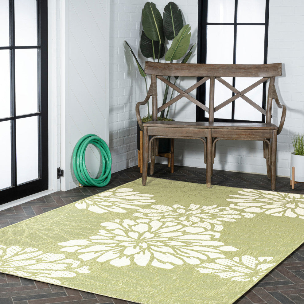 Zinnia Modern Floral Textured Weave Indoor/Outdoor, Green/Cream, 9x12