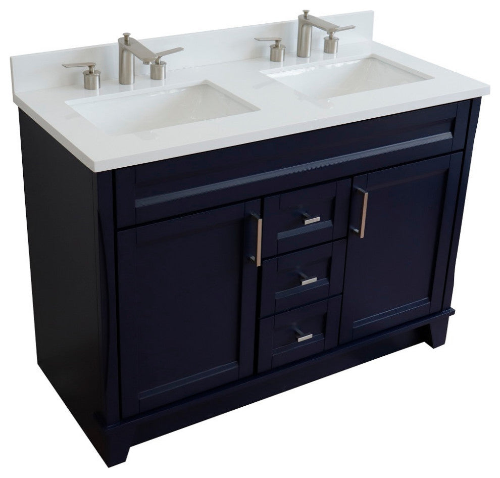 48" Double Sink Vanity, Blue Finish With Engineered Stone Top And Rectangle Sink