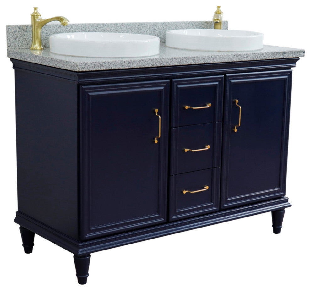 49" Double Vanity, Blue Finish With Gray Granite And Round Sink