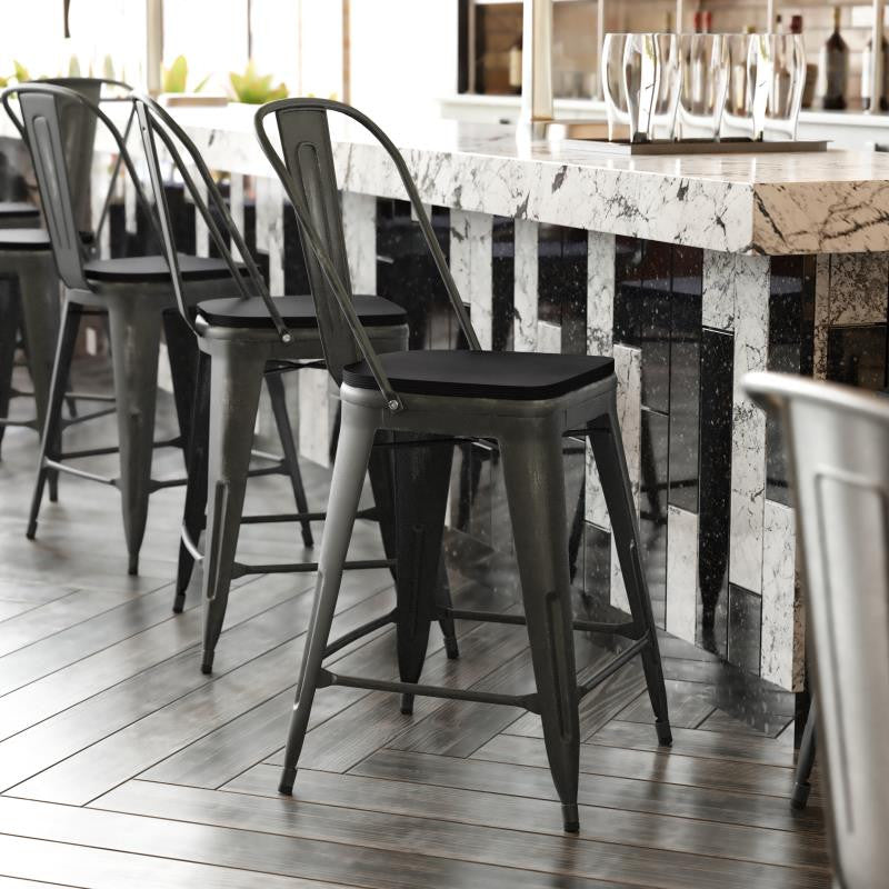 Carly Commercial Grade 24" High Metal Indoor-Outdoor Counter Height Stool, Black/Black