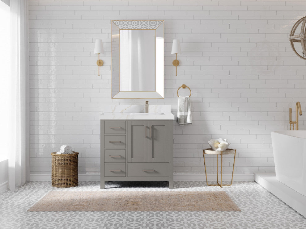 Malibu 36 Right Offset Bath Vanity in Elephant Skin Gray 2" Calacatta Sienna