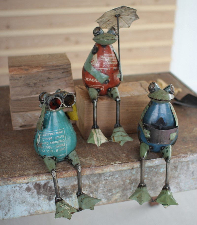 Whimsical Recycled Metal Frog Sculpture 3-Piece Set