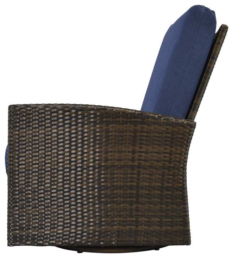 Del Mar Wicker Swivel Recliner, Brown and Navy with Sunbrella