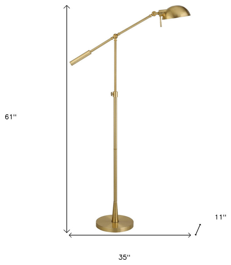 61" Brass Adjustable Swing Arm Floor Lamp With Gold Cone Shade