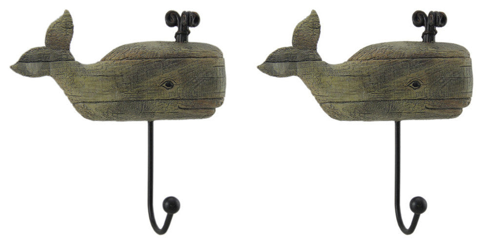 Distressed Wood Look 2 Piece Spouting Whale Wall Hook Set