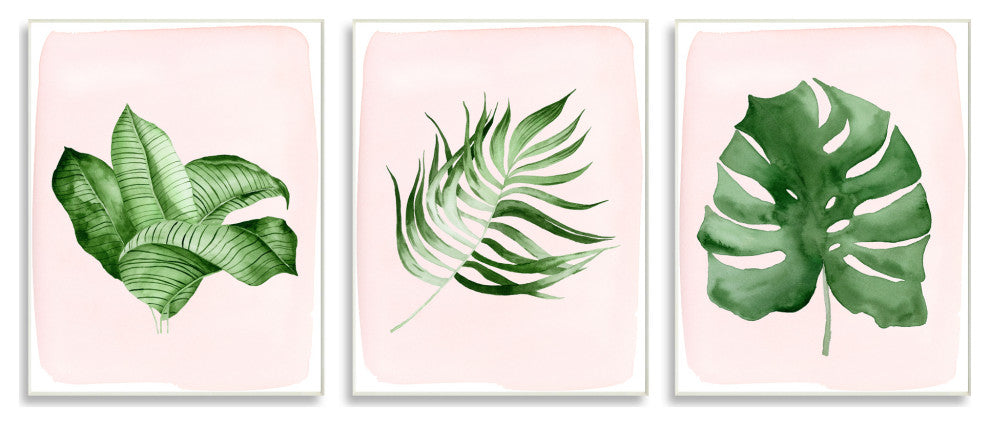 Boho Palm Leaves over Pink Modern Tropical Plants,3pc, each 10 x 15