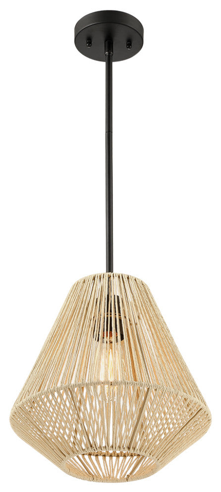 12" W 1-Light Rattan Single Pendant Light With Black Canopy