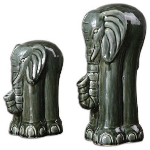 Uttermost Green Elephants Figurines in Dark Green Ceramic