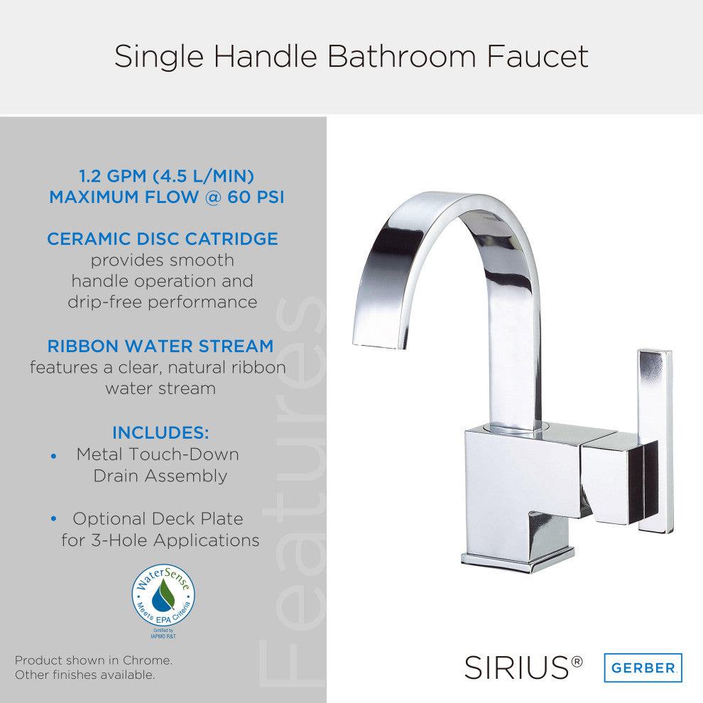 Sirius Single Handle Lavatory Faucet w/ Metal Touch Down Drain Chrome, Brushed N
