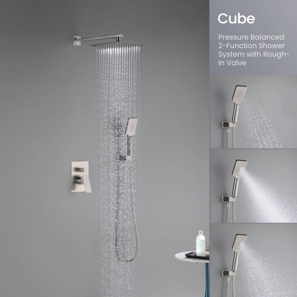 Cube Pressure 2-Function Shower System, Rough-In Valve, Brushed Nickel