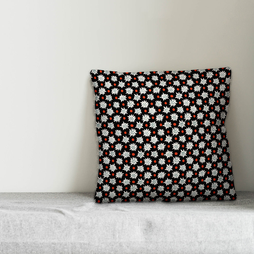Abstract Snowflake Pattern, Black Outdoor Throw Pillow, 16"x16"