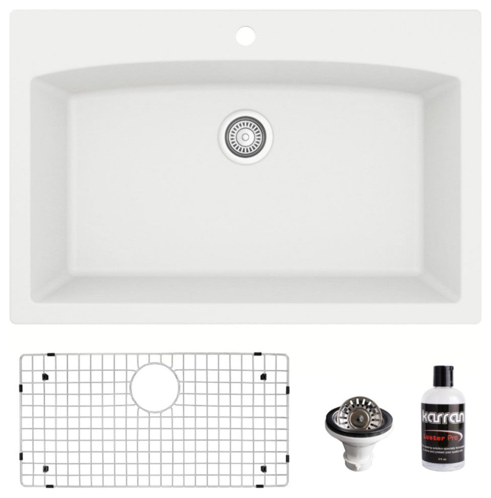 Karran Drop-In Quartz Composite 33" 1-Hole Single Bowl Kitchen Sink Kit, White