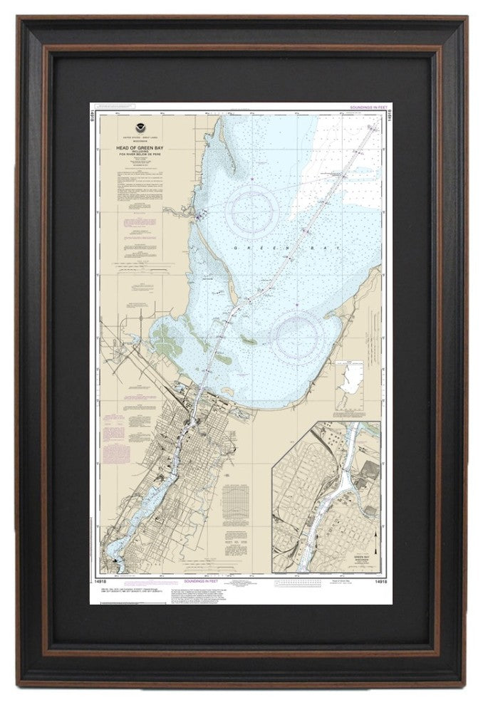 Poster Size Framed Nautical Chart, Head of Green Bay, Wisconsin, 21x36