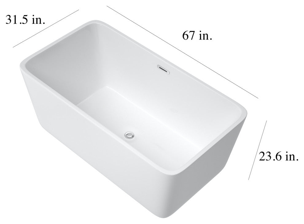 67 in. Acrylic Rectangular Flatbottom Freestanding Soaking Bathtub in White