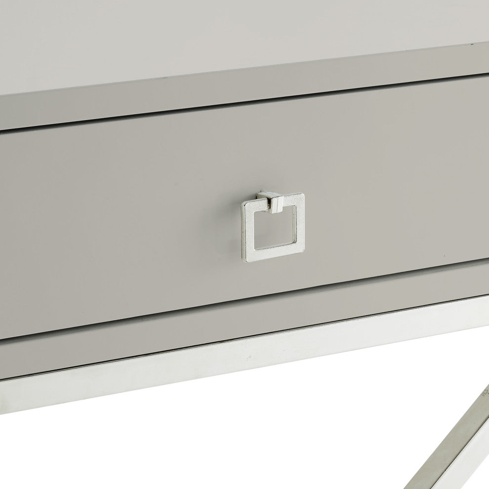Katie Square Lacquer-Finish X-Metal Leg Nightstand, Light Grey Chrome