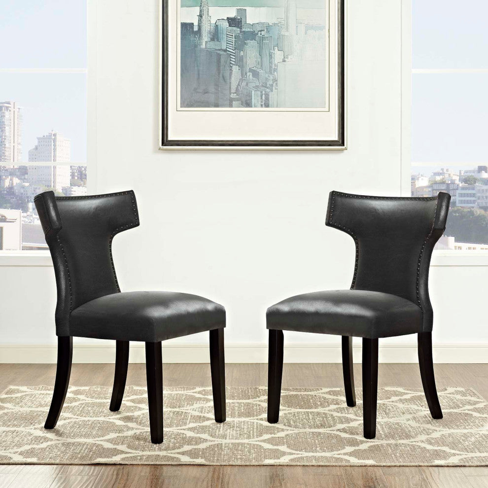Side Dining Chair, Set of 2, Faux Leather, Black, Modern, Cafe Bistro Restaurant