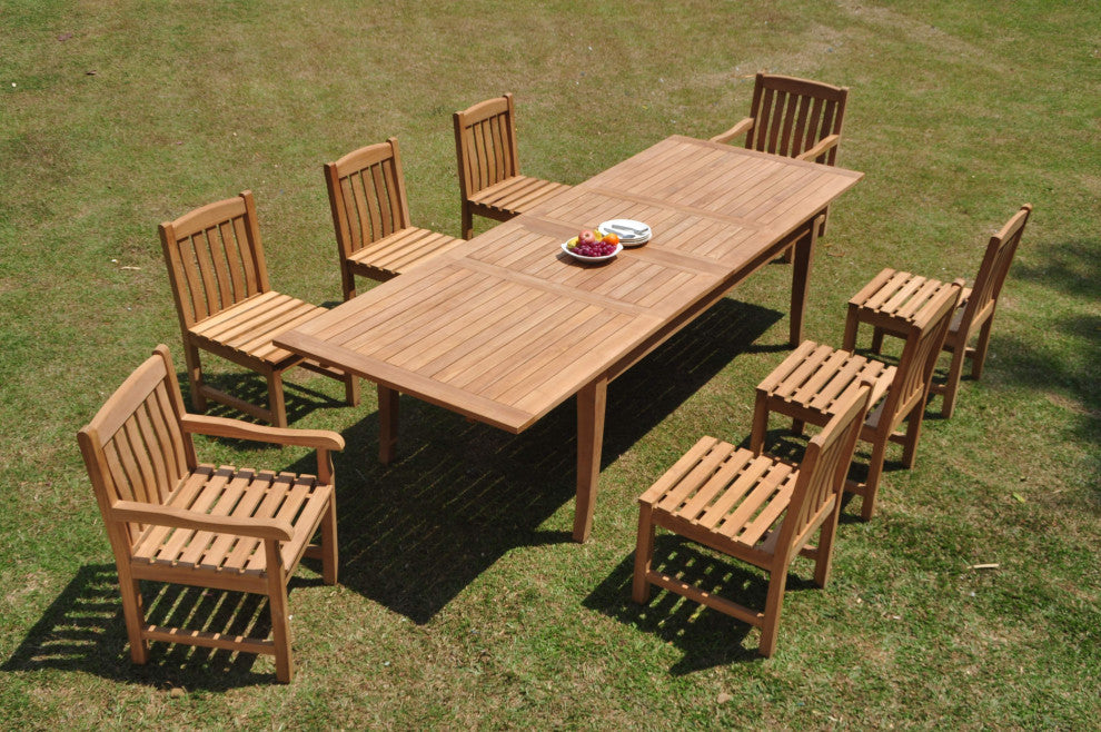 9-Piece Outdoor Teak Set: 122" X-Large Rectangle Extension Table, 8 Devon Chairs