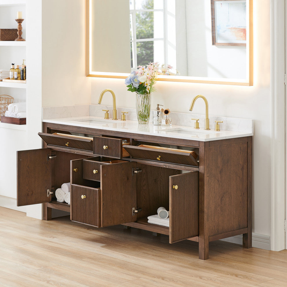 Cerrito Bathroom Vanity, Brown Brushed Oak, 72" Double, Without Mirror