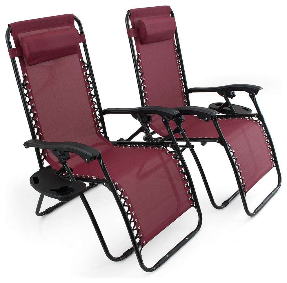 Zero Gravity Lounge Patio Chairs With Cup Holder, Set of 2, Burgundy