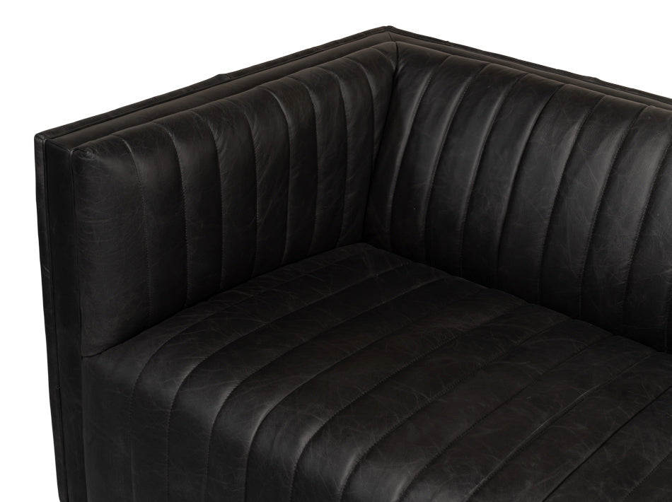 Everett Sofa Modern Channel Tufted Black Leather Couch
