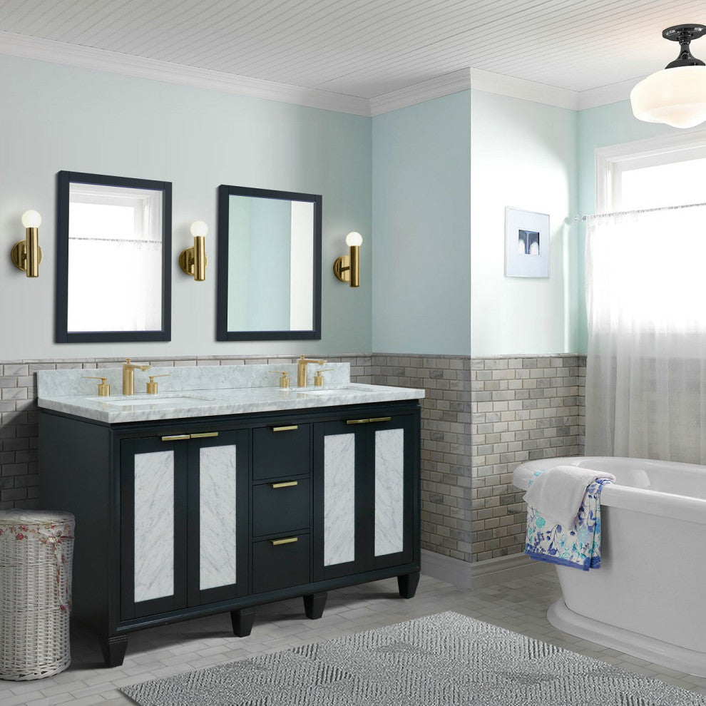 61" Double Sink Vanity, Dark Gray Finish With White Carrara Marble
