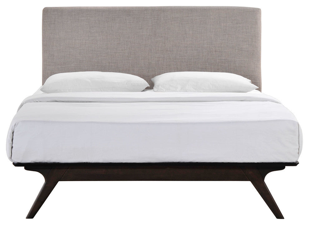 Modern Contemporary Queen Size Bed, Gray, Fabric, Wood