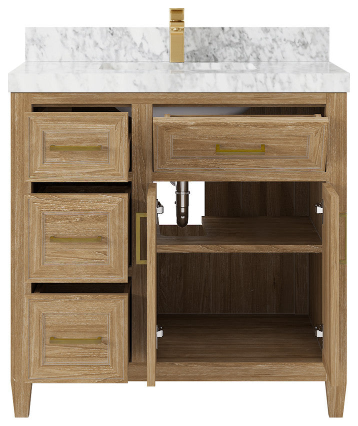 Santa Monica 36 Center Sink Bath Vanity in Whitewashed Teak 2" Carrara Marble