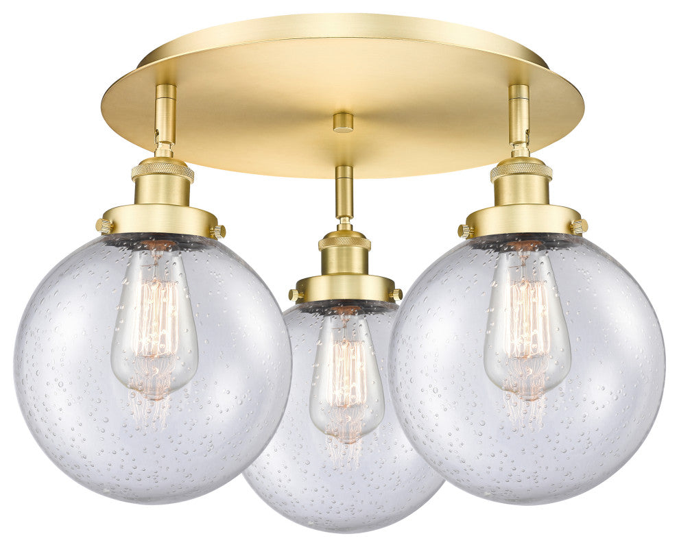 Canton-3 Light 20" Flush Mount-Satin Gold, Seedy Glass Shade