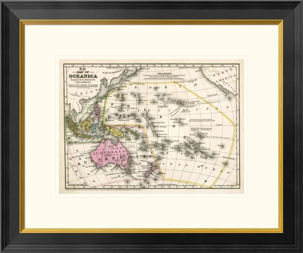 "Map of Oceanica, 1839" Framed Print by Samuel Augustus Mitchell, 26"x22"