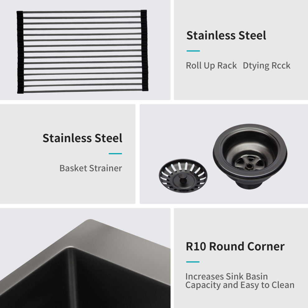 Black Stainless Steel Single Bowl Drop-In Kitchen Sink with Drain Assembly, Gunmetal Black, 33'' X 22''
