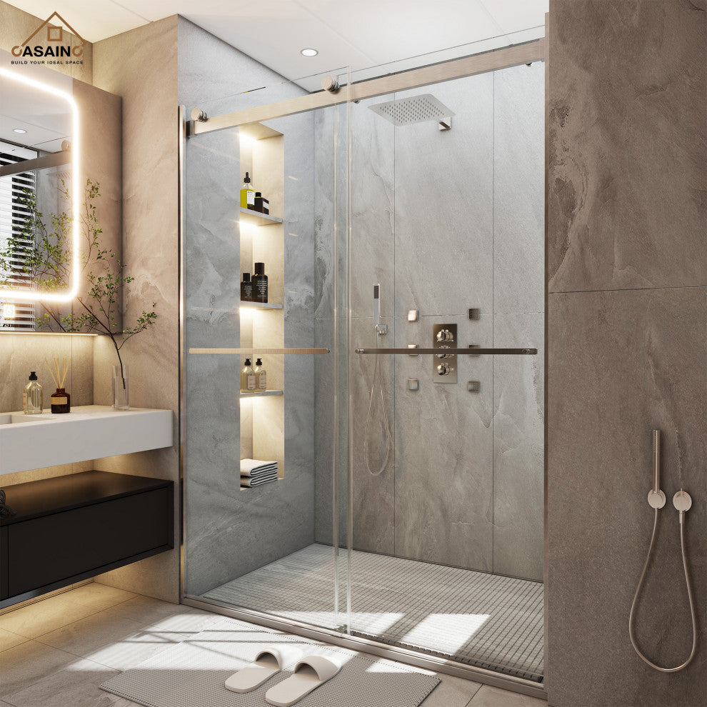 48-in x 76-in Frameless Sliding Shower Door, Brushed Nickel