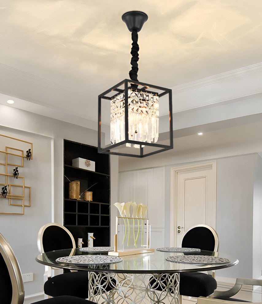 Inverno e Monteleone | Square Crystal Hanging LED Chandelier for Dining Room, Black, Cool Light, Non-Dimmable