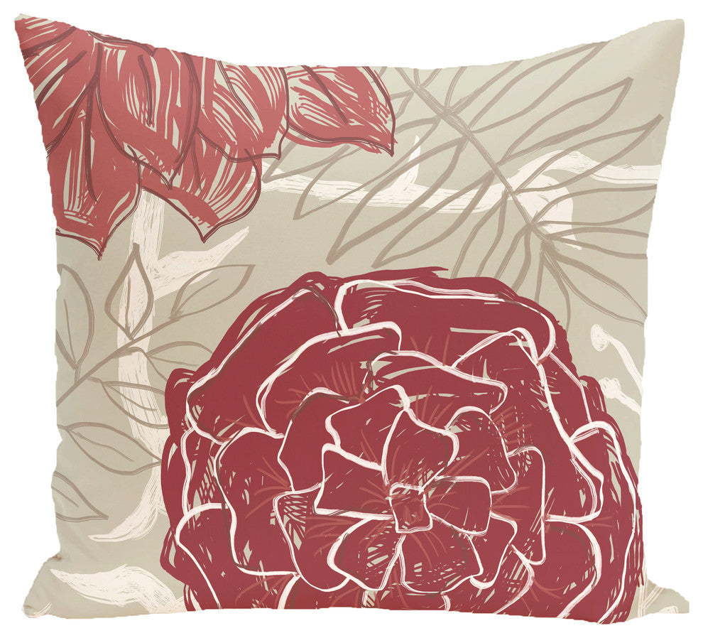 Flowers And Fronds Floral Print Pillow, Brick, 20"x20"